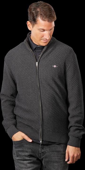 GANT Cotton Texture Cardigan Zip Charcoal Melange