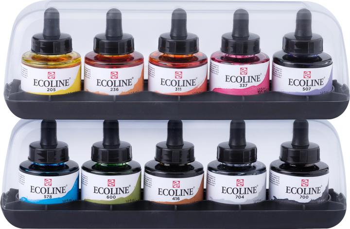 Talens Ecoline Set (Zitronengelb, Magenta, Sky Blue, Green, Black, Grey, Bright Orange, Vermilion, Sepia, Ultramarinviolett, 300 ml)