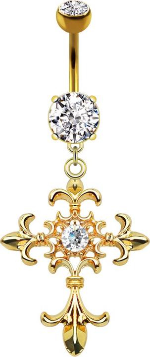 Produktbild Star Piercing Banane 14k vergoldet mit zwei Kugeln Kristall silber Anhänger Kreuz und Lilie (Messing, Chirurgenstahl 316L)