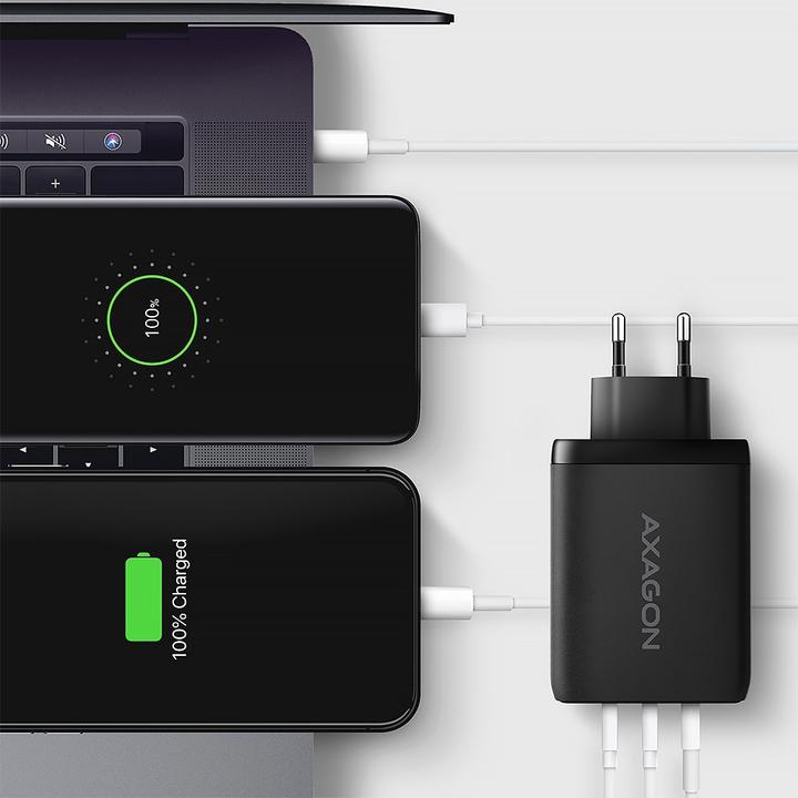 Produktbild Axagon ACU-DPQ100, GaN nabíječka do sítě, 3x port (USB-A + dual USB-C), PD3.0/PPS/QC4+/Apple (100 W)