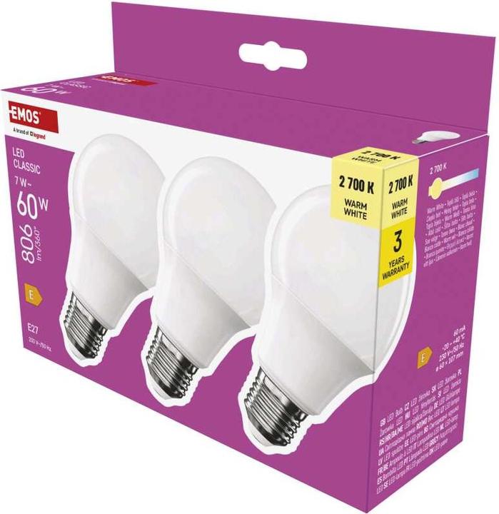 Actual product image Emos LED lamp Classic A60 / E27 / 7 W (60 W) / 806 lm / Warm white (E27, 7 W, 806 lm, 3 x, E)