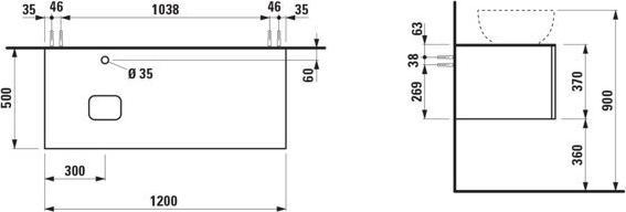 Actual product image Laufen Il Bagno Alessi drawer unit, 1 tap hole, stone top Marrone Naturale, cutout left, 120x50x37cm