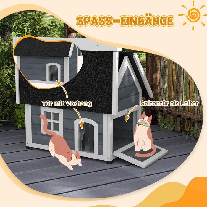 Produktbild Swisshandel24 Katzenhaus Holz, aufklappbar, Wetterfest, mit 3 Türen, Grau (Katze)