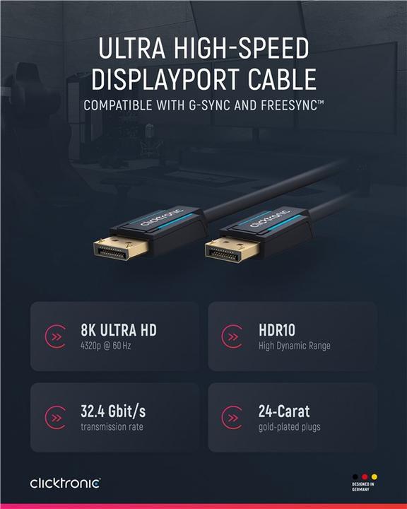 Actual product image clicktronic DisplayPort Cable 1.4. M/M. Blue. 3.0m (3 m, DisplayPort)