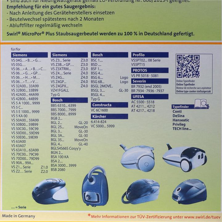 Produktbild Swirl Staubsaugerbeutel S67 MicroPor Plus für Siemens und Bosch Staubsauger