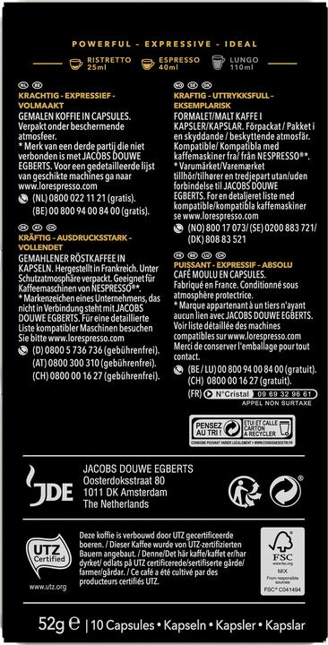 Valeurs nutritives et ingrédients L’OR Espresso Capsules de café Espresso Ristretto 10 pièces (10 x Port.)