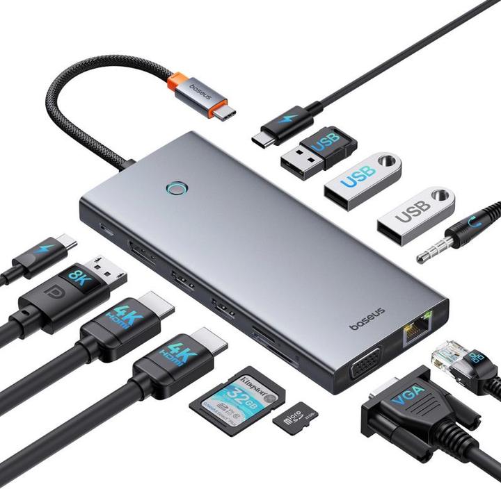 Produktbild Baseus HUB PortalJoy Series 13in1 USB-C - 2x HDMI / DP / VGA / USB-A 3.1 / USB-C 3.1 / USB-A 2.0 / P (USB-C, 13 Ports)