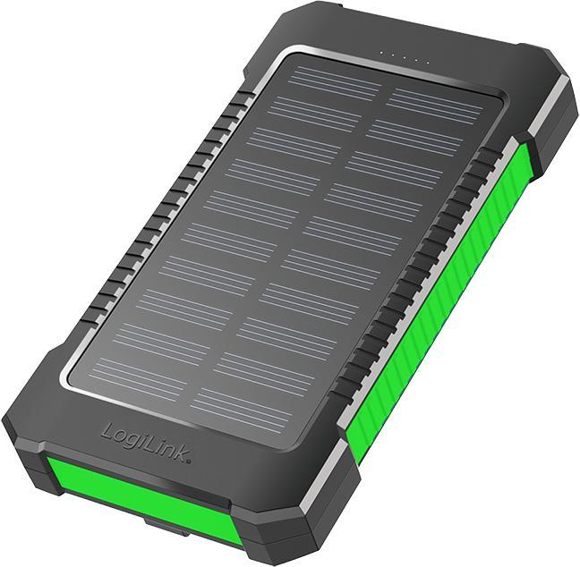 Produktbild LogiLink Solar-Powerbank 8000 mAh, Taschenlampe, 2x USB-A, grün-schwarz (8000 mAh, 10 W, 10 Wh)
