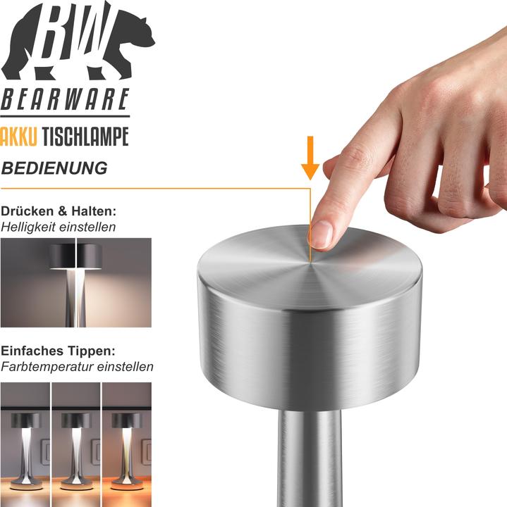 Produktbild Bearware LED Tischleuchte, dimmbar, kabellos, Akku, Touch, Nachttischlampe, Schreibtischlampe, Edelstahl