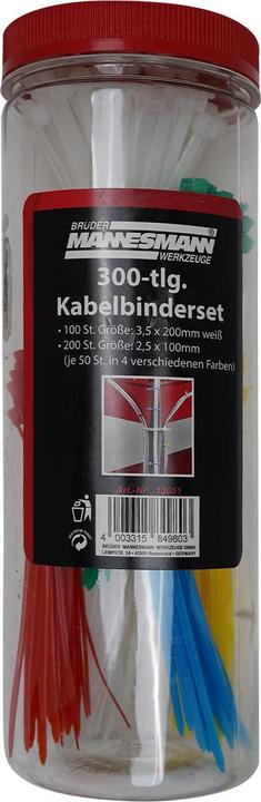 Mannesmann Kabelbinder-Set, 300-teilig in einer Runddose, Masse: (B)210 x (T)72 x (H)72 mm (72 mm, 300 Stk.)