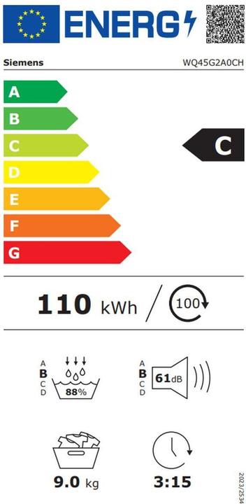 Energie-Label Siemens iQ500, WQ45G2A0CH (9 kg, Rechts, CH-Stecker)