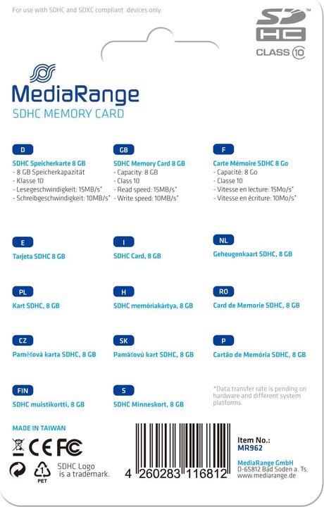 Actual product image MediaRange Flash memory card (8 GB, SDHC, U1)