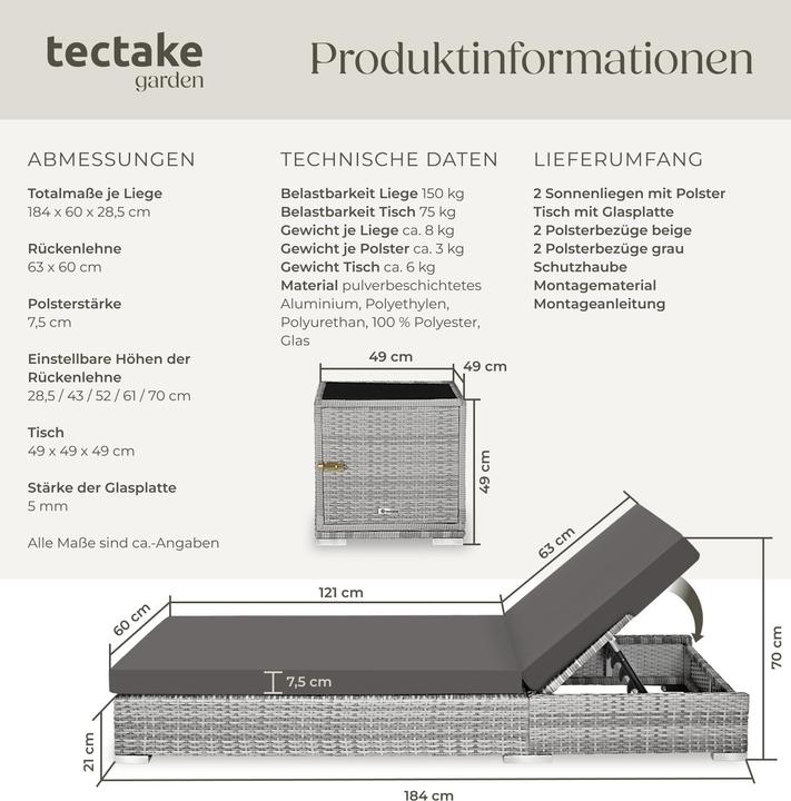 Image du produit tectake Bains de soleil (184 cm)