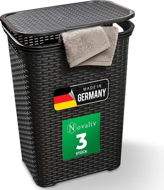 Immagine prodotto Novaliv 3 Stück Rattan Wäschekorb mit Deckel 60L Schwarz, Wäschebox Set Wäscheeimer Wäschebehälter m (60 l)