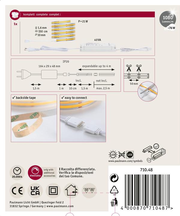 Produktbild Paulmann MaxLED 1000 Full-Line COB Stripe Set (Warmweiss, 150 cm, Indoor)