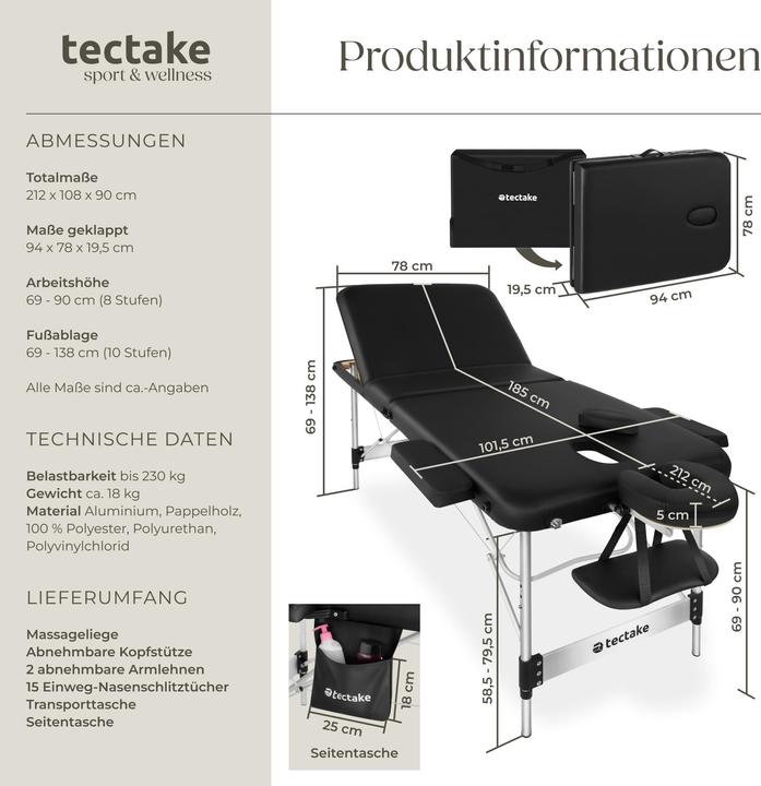 Actual product image tectake 3 Zonen Massageliege mit 5cm Polsterung und Aluminiumgestell