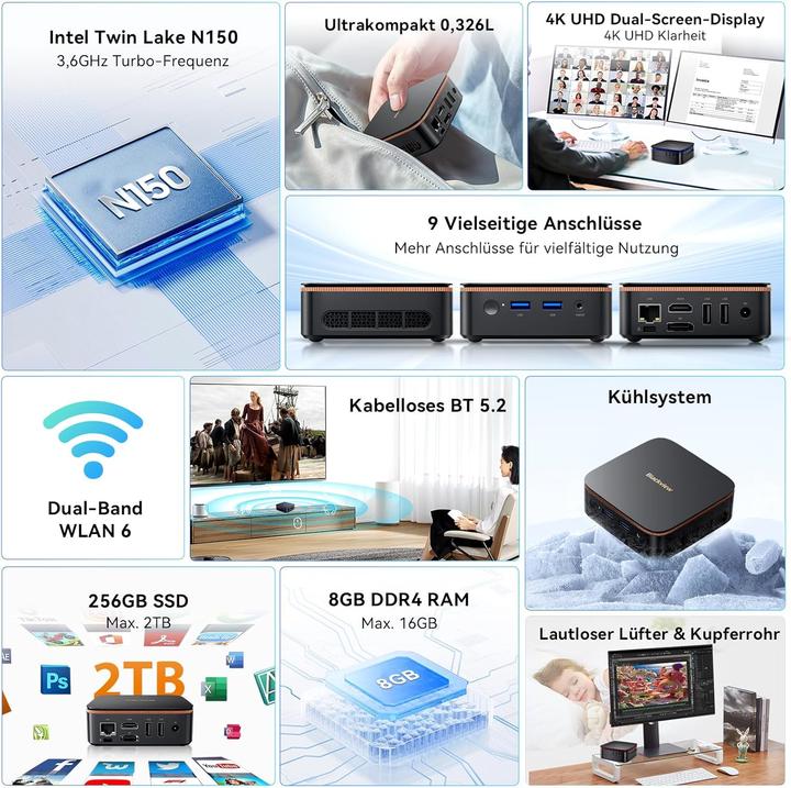 Produktbild Blackview MP20 Mini PC Intel Twin Lake N150 mit Win 11 Pro (Intel N150, 8.19 GB, 256 GB)