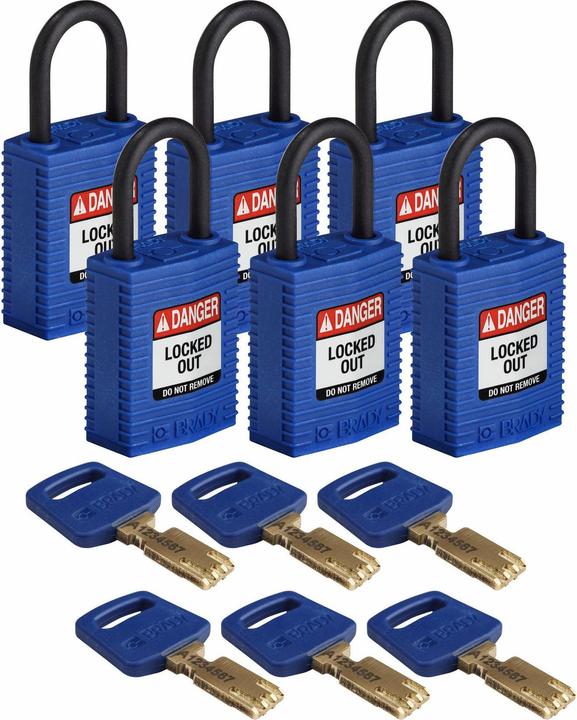 Actual product image Brady Safekey compact nylon safety lock with nylon shackle, blue, 25 mm shackle height, 4.3 mm shackle