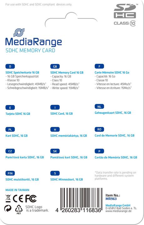 Actual product image MediaRange SDHC memory card class 10 (16 GB, SDHC, U1)