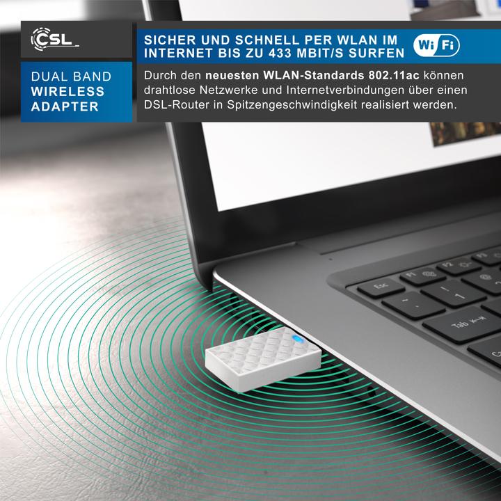 Actual product image CSL WLAN USB adapter, WIFI dual band stick dongle 433 MBit/s, 2.4 GHz / 5 GHz, 802.11ac, WPS, Windows 11 (USB 2.0)