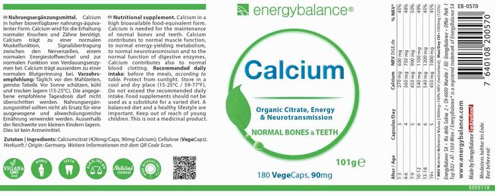 Valeurs nutritives et ingrédients Energybalance Calcium à haute biodisponibilité 90mg (180 pièce(s), Capsules, 101 g)