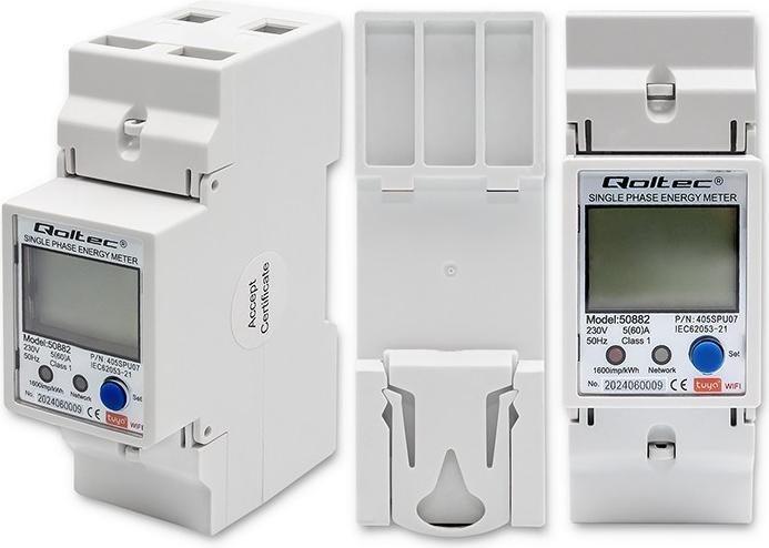 Actual product image Qoltec 50882 Single phase electronic energy consumption meter for DIN rail | Wi-Fi | TUYA | 230V | L