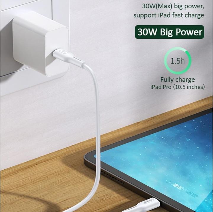 Actual product image Usams U43 USB-C to lightning fast charging cable 30W, White (1.20 m, USB 3.2 Gen 1, 30 W)