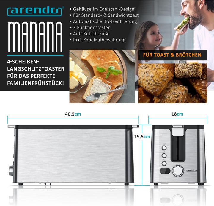 Actual product image Arendo Toaster long slot, stainless steel, display with remaining time indicator