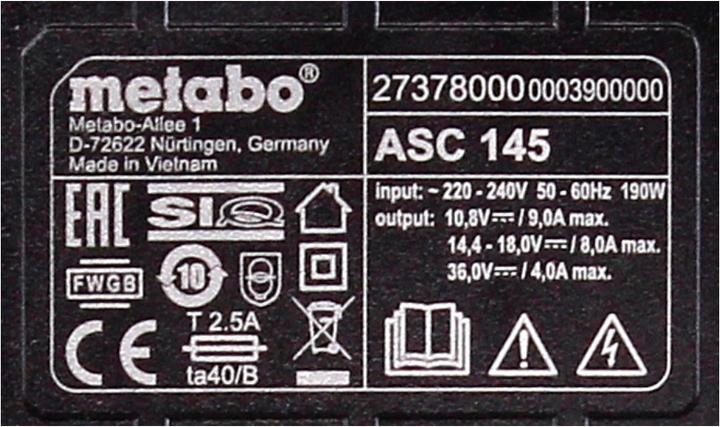 Actual product image Metabo Battery base set 18V with 1x battery LiHD 8,0Ah ( 625369000 ) + charger ASC 145 ( 627378000 ) (18 V)