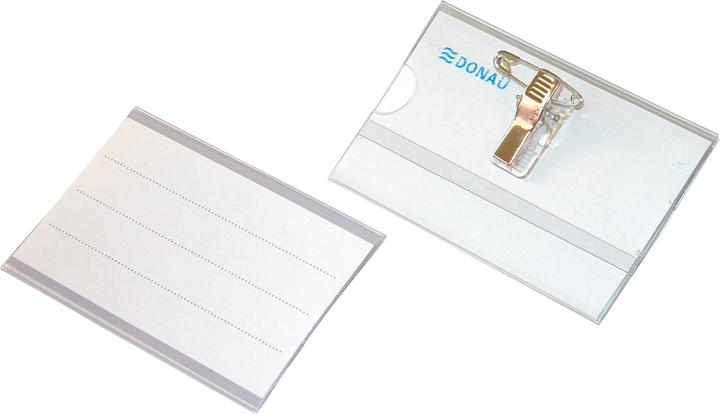 Produktbild Donau Namensschildhalter, mit klemmbefestigung und sicherheitsnadel, seitliche öffnung, weich, klar