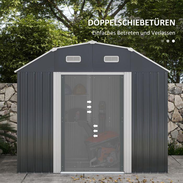 Immagine prodotto Swisshandel24 Gerätehaus Stahl 2,7m² UV-Schutz 2 Schiebetüren Regal Fundament Dunkelgrau 238x132x198,5cm