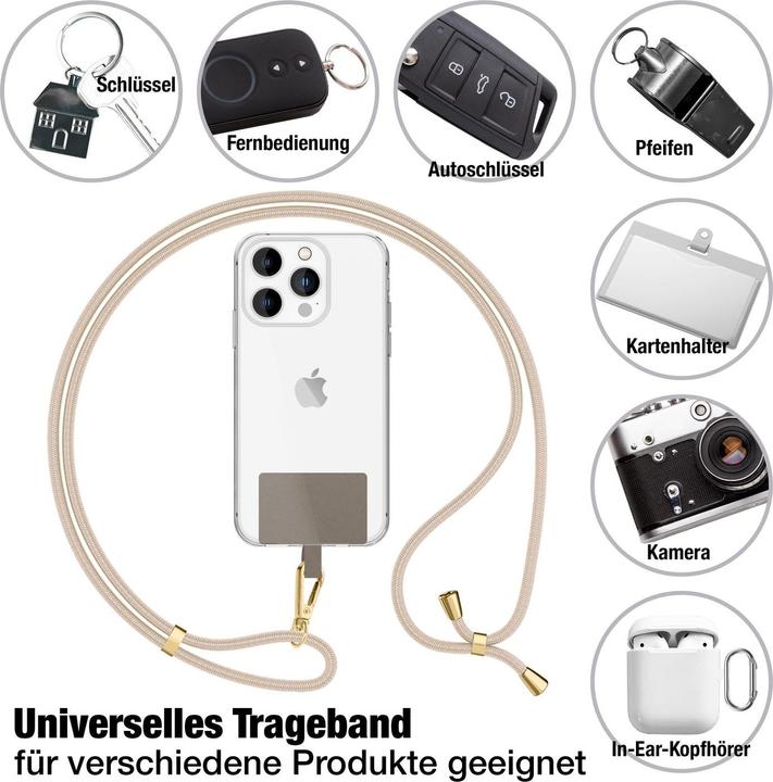 Produktbild Nalia Handyband + Pad für Hülle zum Umhängen, Karabinerhaken Anhänger aus Metall (gold)