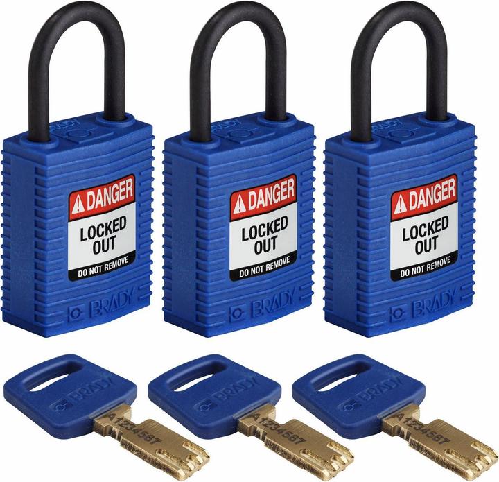 Actual product image Brady Safekey compact nylon safety lock with nylon shackle, blue, 25 mm shackle height, 4.3 mm shackle