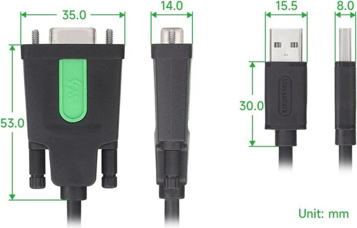 Actual product image WaveShare USB to RS232 FT232RL Female adapter cable