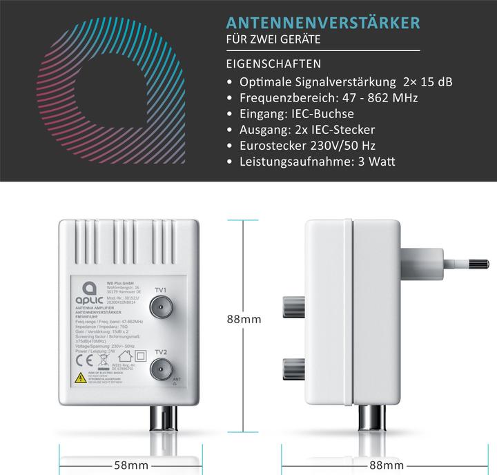 Produktbild Aplic DVB-T2 Antennen Verstärker, Kabel TV, Radio Antennenverstärker, 2x 15 dB Signalverstärkung (Verstärker)