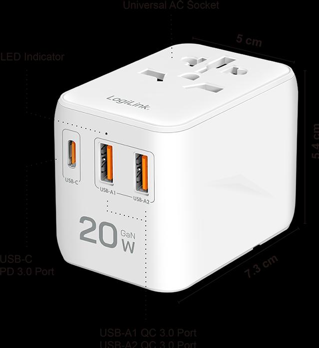 Image du produit LogiLink Universal-Reisenetzteil, 20 W (PD), 4x-Anschlüsse, feuerfest, weiss