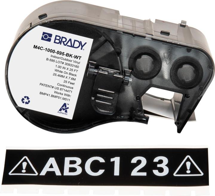 Actual product image Brady M4C-1000-595-BK-WT, vinyl, white on black, 25.40 mm x 7.62 m, permanent, continuous