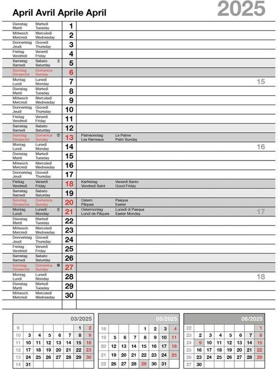 Nährwerte und Zutaten 4-Monatskalender Bürokalender 21 x 29.7 cm (21 x 29.7 cm, Deutsch, Französisch, Italienisch, Englisch)