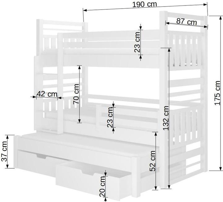 Produktbild ADRK Furniture Etagenbett verdreifachen mit Matratzen HIPPO 180x80 (180 x 80 cm)