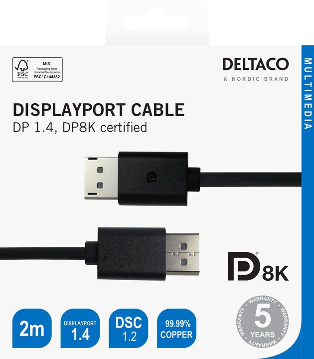 Image du produit Deltaco DisplayPort kabelis 8K, DP 1.4,, juodas / DP8K-1020-K / 00110015 (2 m, DisplayPort)