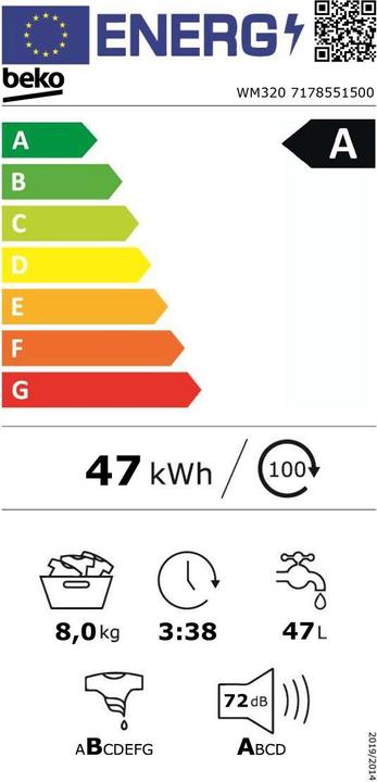Label énergétique Beko WM320 (8 kg, Gauche)