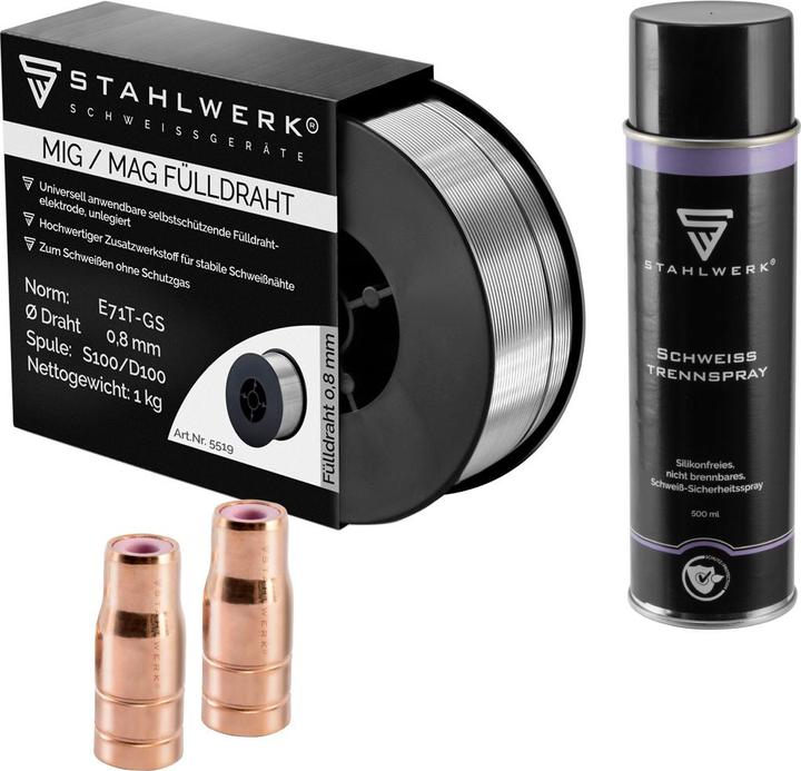 Produktbild Stahlwerk Fülldrahtdüse 2er Set + Fülldraht 0,8 mm 1 kg +  Trennspray