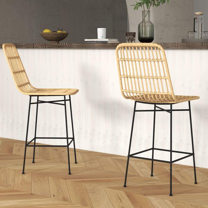 Actual product image Swisshandel24 Bar stool set of 2 bar stool counter stool backrest PE rattan boho design kitchen stool steel yellow