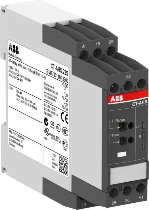 Produktbild ABB Zeitrelais, Ausschaltverzögerung, 2 Umschaltkontakte, 24-48VDC, 24-240VAC, 0,05 sec - 300 Stunde