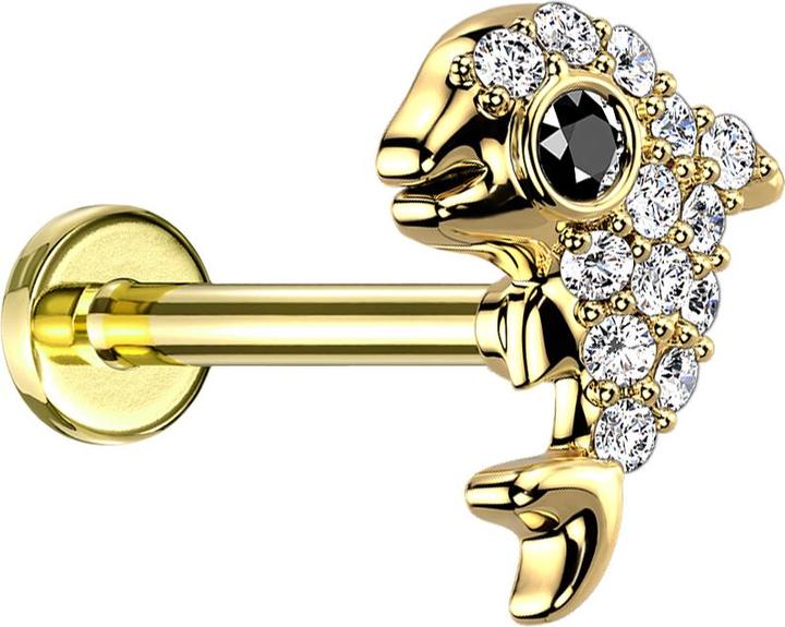 Star Piercing Micro Labret Innengewinde vergoldet Delfin mit Kristallen silber (Chirurgenstahl 316L, Messing)