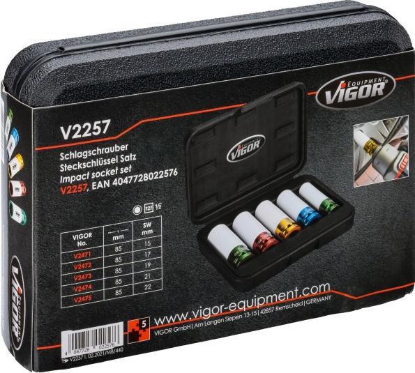 Produktbild Vigor Schlagschrauber Steckschlüsseleinsatz Satz ∙ V2257 ∙ Vierkant12,5 mm (1/2 Zoll) ∙ Aussen Sechs… (22 mm, 21 mm, 19 mm, 17 mm, 15 mm)