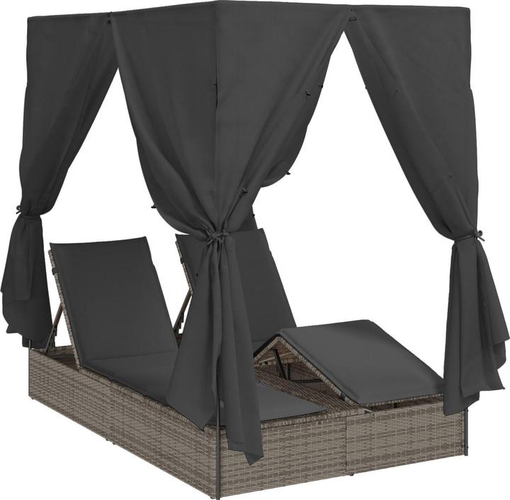 Immagine prodotto VidaXL Doppel-Sonnenliege mit Dach und Vorhängen Grau Poly-Rattan