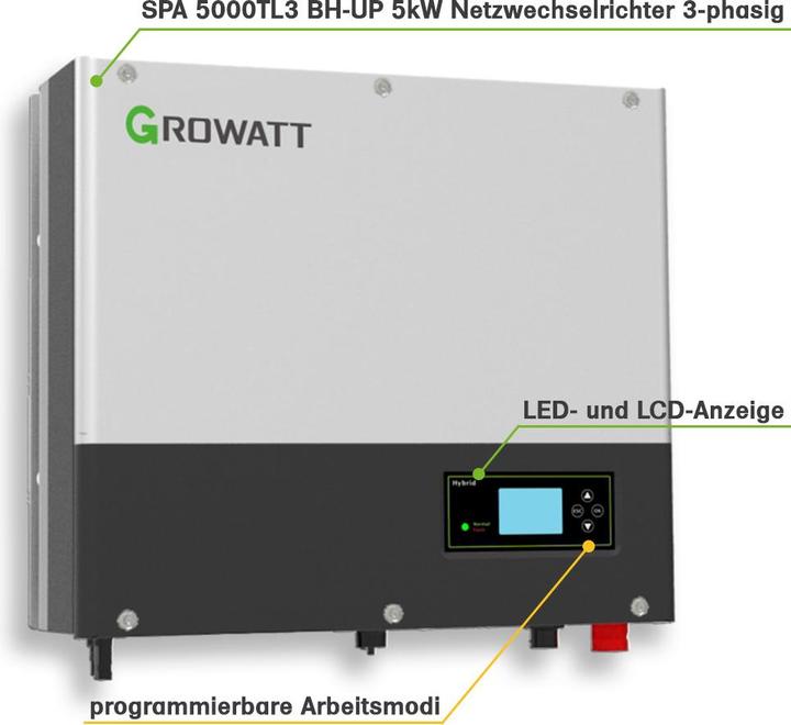 Produktbild Offgridtec Growatt Nachrüstsatz 15,35kWh für bestehende PV Anlagen 3-phasig SPA 5000 Hybrid-Inverter LiFePO4- (15350 W)