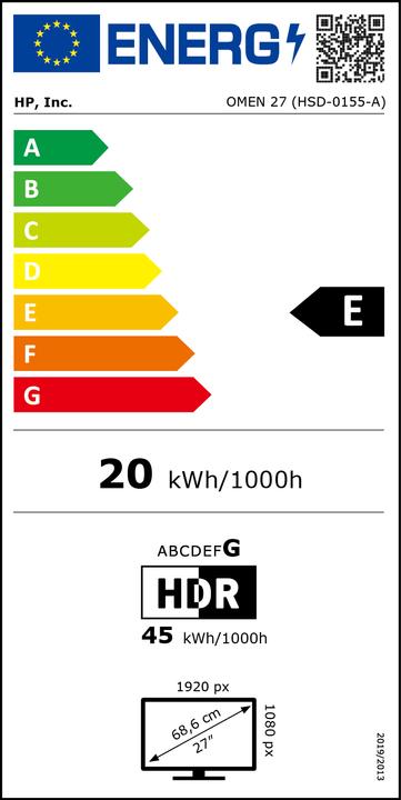 Label énergétique HP OMEN/27/27"/IPS/FHD/165Hz/1ms/Black/2R (1920 x 1080 pixels, 27")