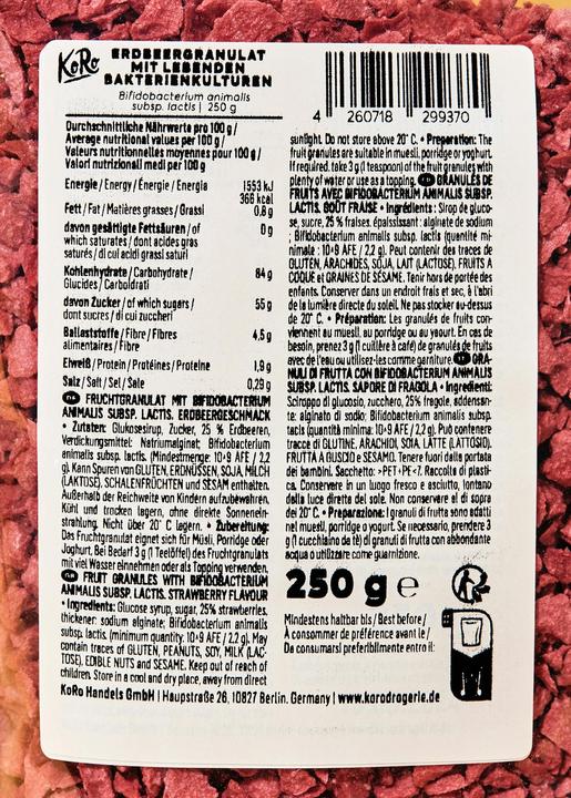 Valori nutrizionali e ingredienti KoRo Granuli di frutta con Lactobacillus Acidophilus. Gusto fragola (250 g)
